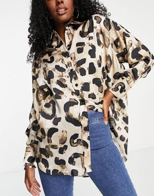 Chemises et blouses Topshop - Chemise oversize en satin à imprimé animal - Neutre