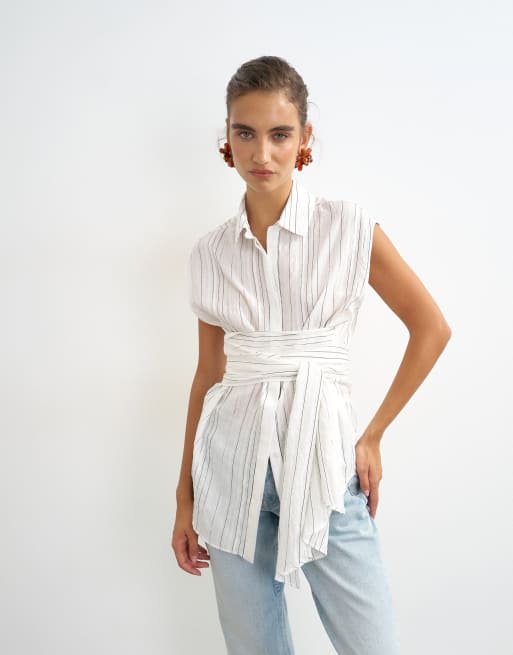 Topshop - Chemise sans manches à rayures avec liens à nouer à la taille - Blanc, 2 de 4