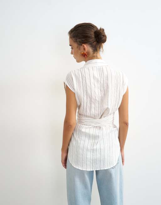 Topshop - Chemise sans manches à rayures avec liens à nouer à la taille - Blanc, 4 de 4