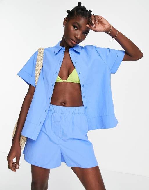 Topshop - Chemise technique d'ensemble coupe carrée à manches courtes - Cobalt