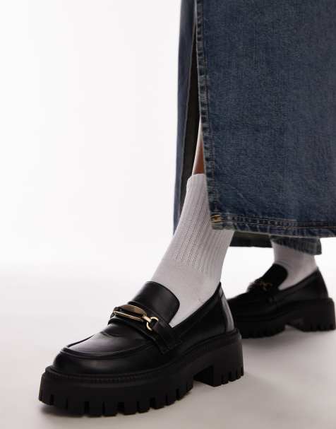 Topshop - Cher - Sorte og chunky loafers med guldfarvet detalje - view 1