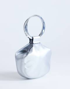 Model wearing Cherry metal handle grab bag in silver