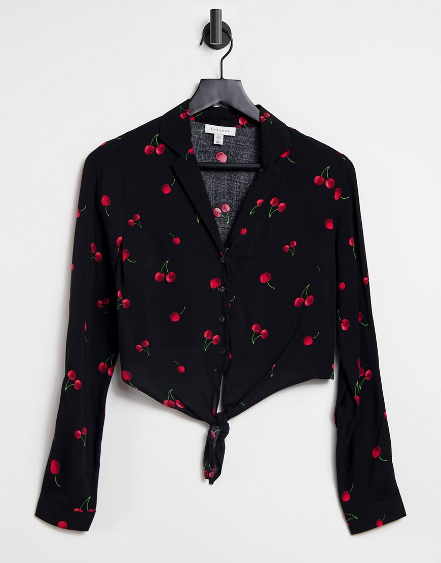 Topshop cherry print tie-front cropped shirt in black-Multi
