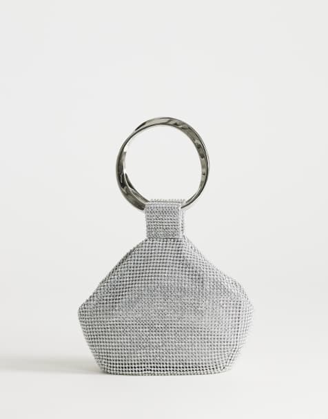 Topshop – Cherry – Silverfärgad handväska med metallhandtag och strass - view 1