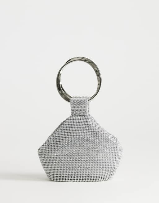 Topshop – Cherry – Silverfärgad handväska med metallhandtag och strass