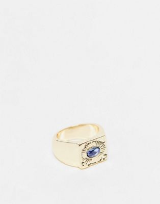Topshop blue stone etched signet ring in gold - ASOS Price Checker