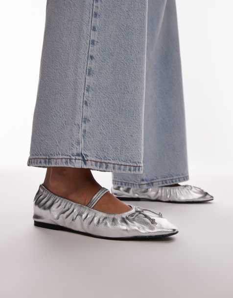 Topshop - Chia - Gerimpelde ballerina's van leer met bandje in zilver - view 1