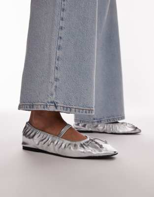 Topshop Chia leather ruched ballet flats with strap in silver