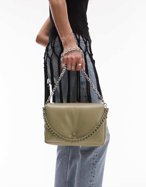 Topshop – Chia – Wyściełana torebka crossbody na łańcuszku z odpinanym łańcuchem w kolorze khaki