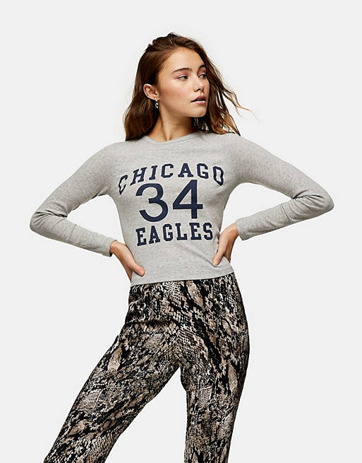 Topshop chicago eagles long sleeve top in grey marl