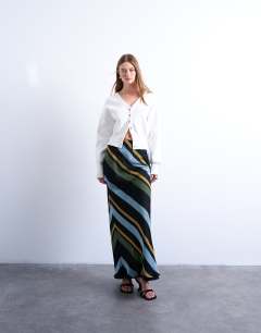 Model wearing Chiffon bias maxi skirt in bold stripe