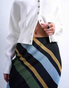 Model wearing Chiffon bias maxi skirt in bold stripe