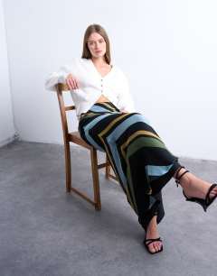 Model wearing Chiffon bias maxi skirt in bold stripe