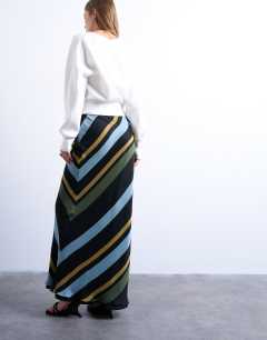 Model wearing Chiffon bias maxi skirt in bold stripe