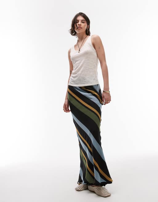Topshop chiffon bias midi skirt in bold stripe