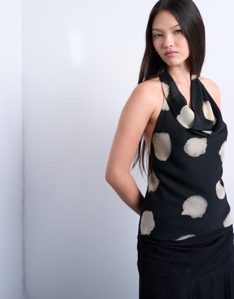 Topshop chiffon cowl neck top in mono spot print - view 1