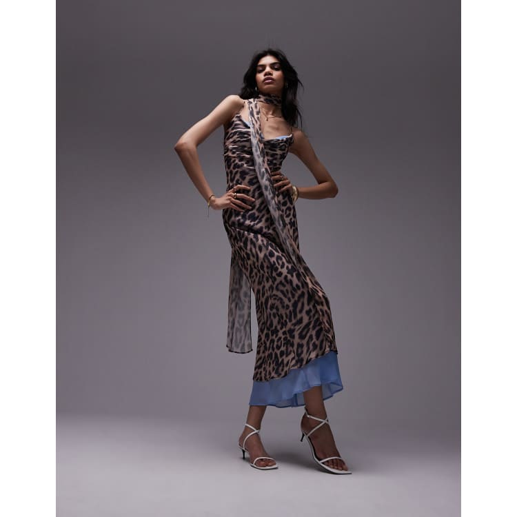 Topshop chiffon cowl slip dress in leopard with blue print chiffon with scarf