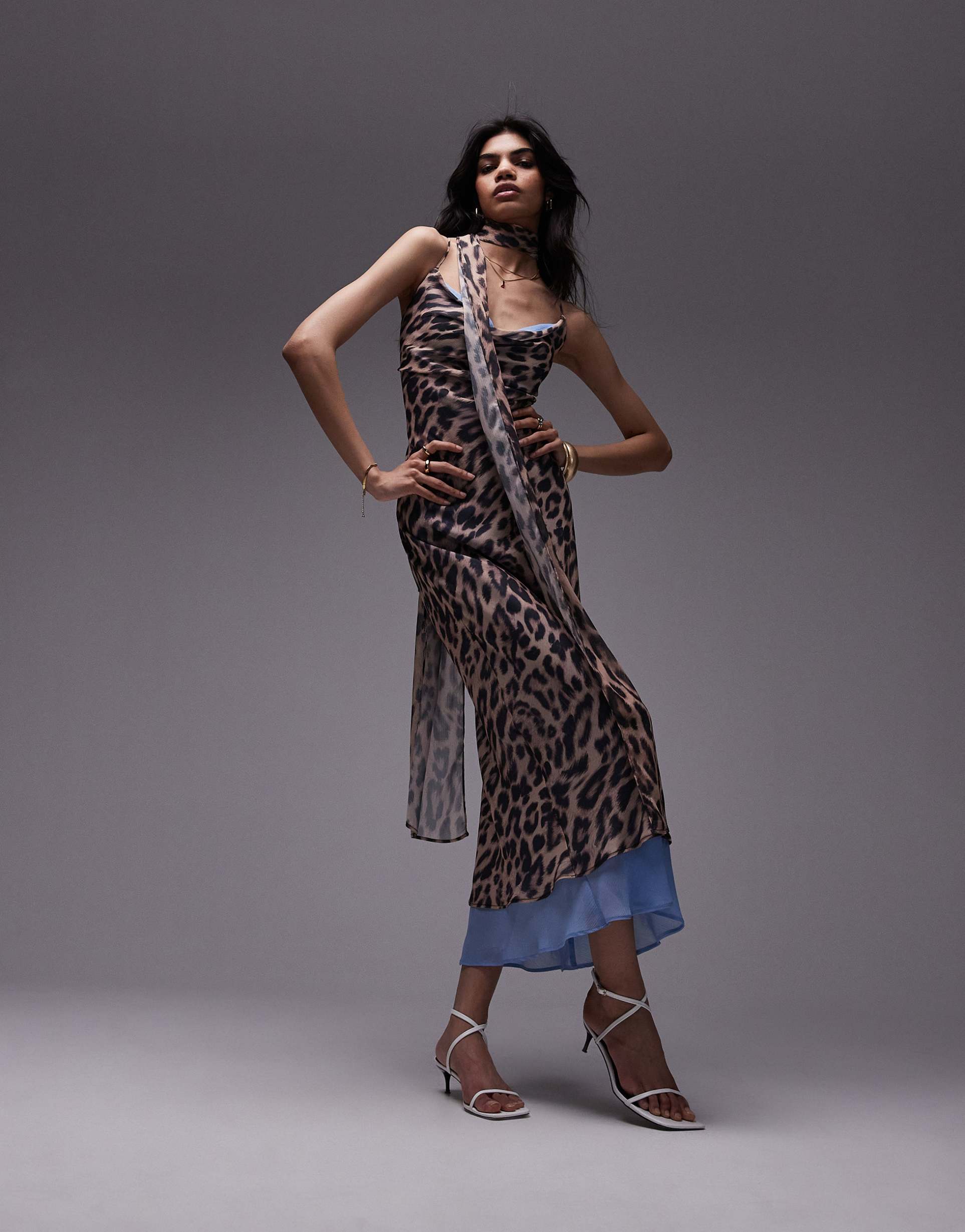 topshop chiffon cowl slip dress in leopard with blue print chiffon with scarf