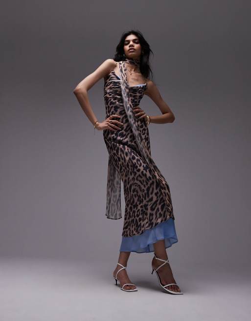 Topshop chiffon cowl slip dress in leopard with blue print chiffon with scarf ASOS