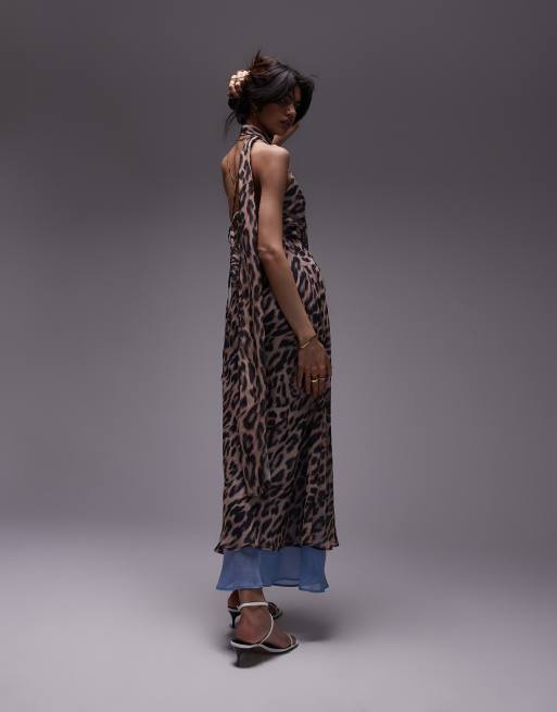 Topshop chiffon cowl slip dress in leopard with blue print chiffon with scarf ASOS