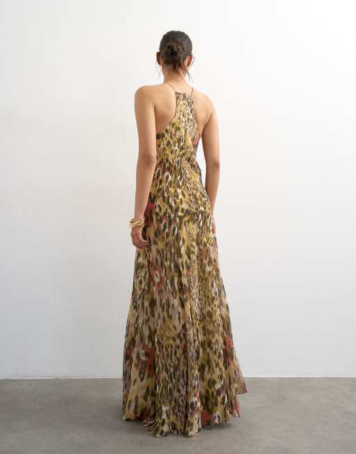 Topshop chiffon cut away racer neck full skirt maxi dress in abstract  animal | ASOS