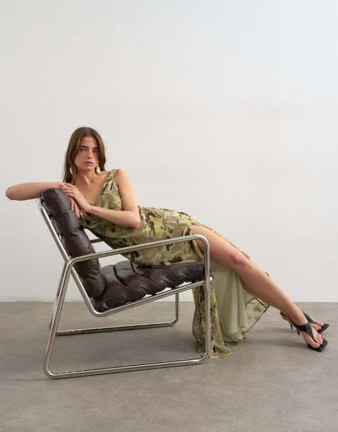 Topshop chiffon floral print frill one shoulder maxi dress in green - view 1