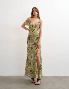 Model wearing Chiffon floral print frill one shoulder maxi dress in green