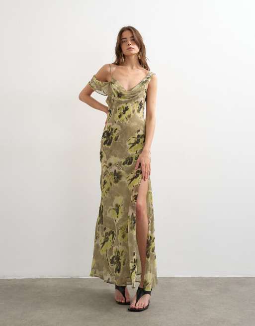 Topshop chiffon floral print frill one shoulder maxi dress in green, 2 of 4