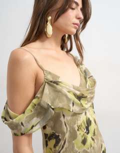 Model wearing Chiffon floral print frill one shoulder maxi dress in green