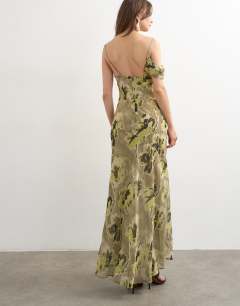 Model wearing Chiffon floral print frill one shoulder maxi dress in green