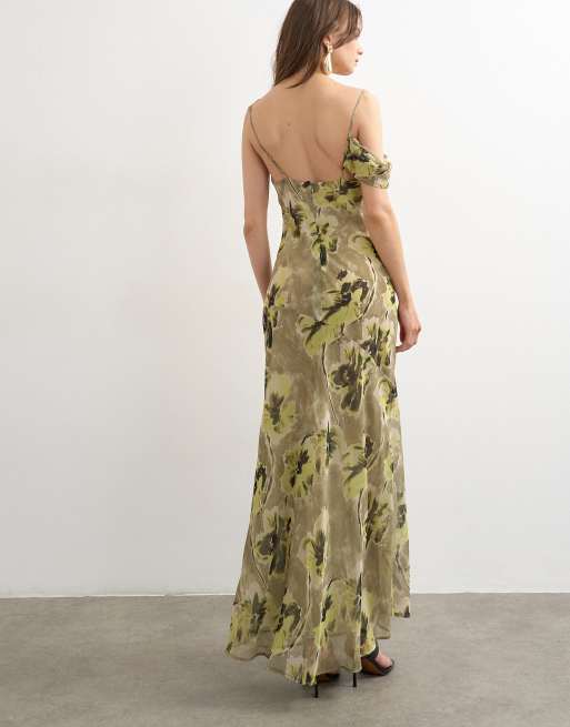 Topshop chiffon floral print frill one shoulder maxi dress in green, 4 of 4