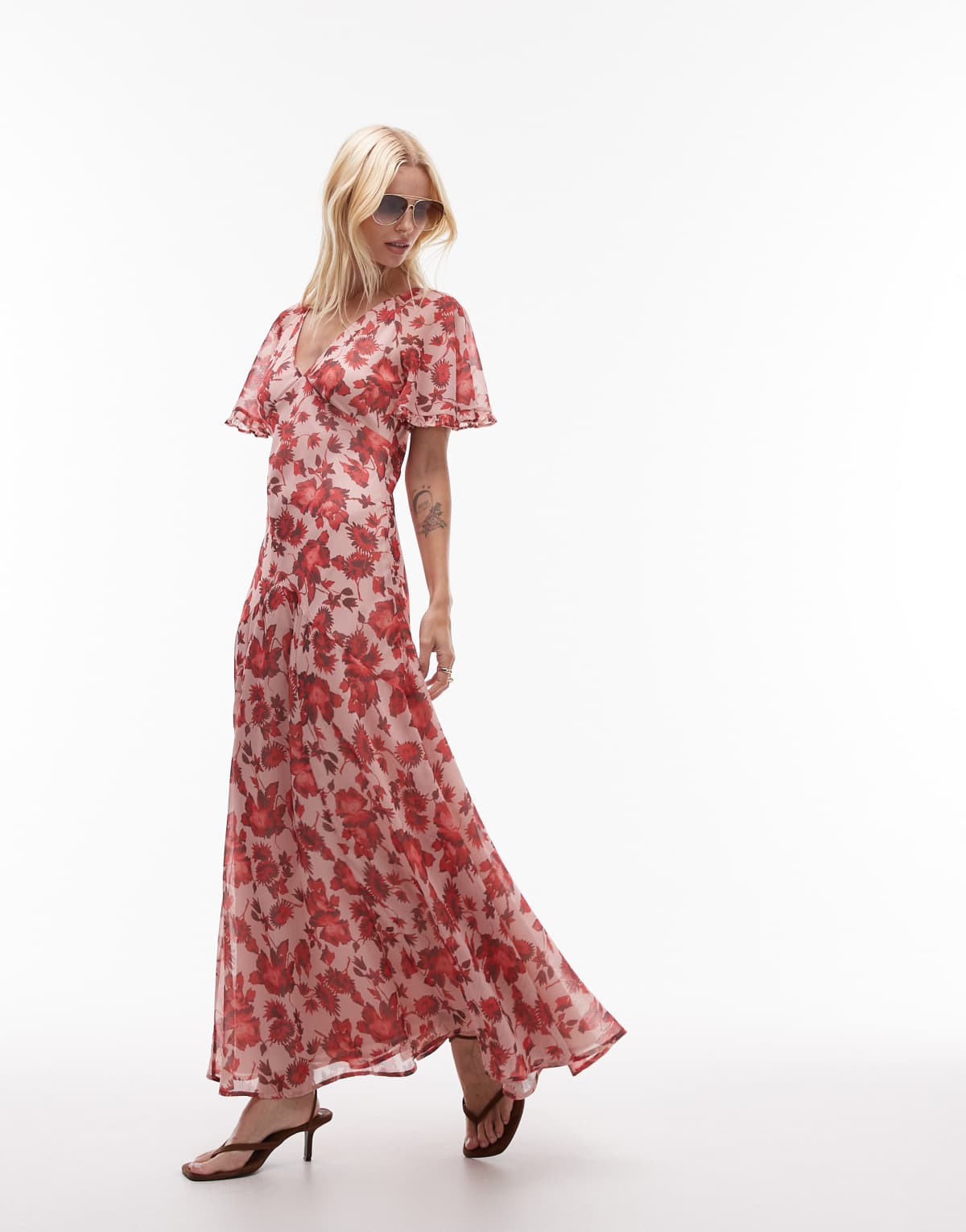 Topshop chiffon flutter sleeve maxi dress in floral print