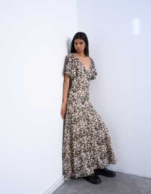 Topshop Chiffon Flutter Sleeve Maxi Dress In Multi