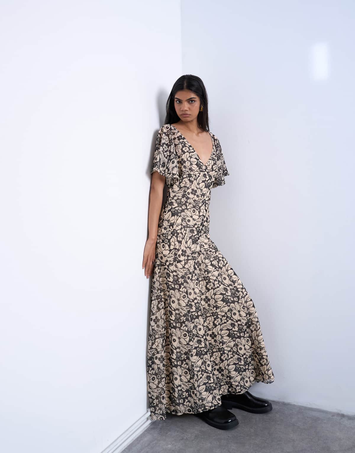 Topshop chiffon flutter sleeve maxi dress in floral print