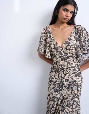 Topshop Chiffon Flutter Sleeve Maxi Dress In Multi