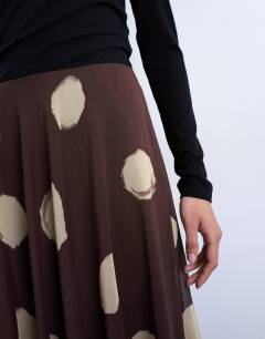 Model wearing Chiffon full maxi skirt in choc spot