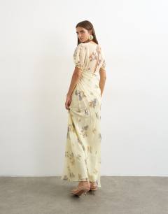 Model wearing Chiffon maxi dress with pintuck details in lemon blurred floral