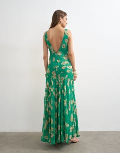 Model wearing Chiffon maxi dress with seam detail in green floral
