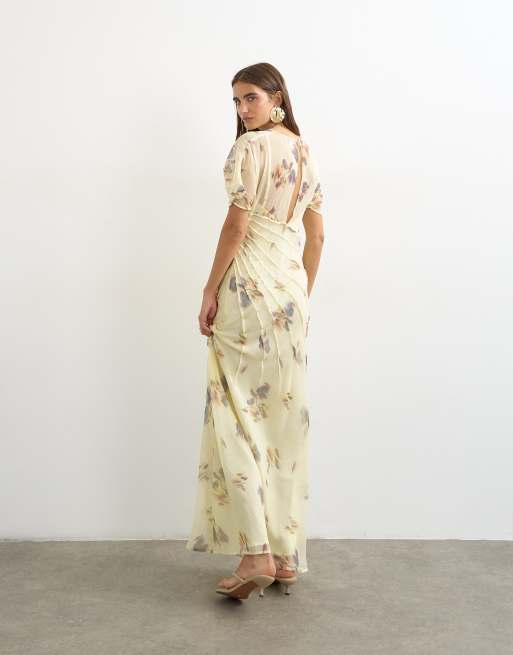 Topshop chiffon maxi jurk met pintuckdetails in citroengebloemde print, 3 van 4