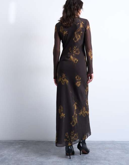 Topshop – Chiffon-Maxikleid in Braun mit limettengrünem Blumenmuster und U-Boot-Ausschnitt , 3 von 4