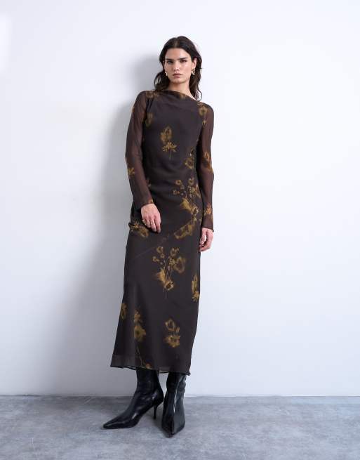 Topshop – Chiffon-Maxikleid in Braun mit limettengrünem Blumenmuster und U-Boot-Ausschnitt , 4 von 4
