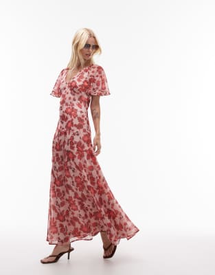 Topshop - Chiffon-Maxikleid mit Flatterärmeln und Blumenmuster-Bunt