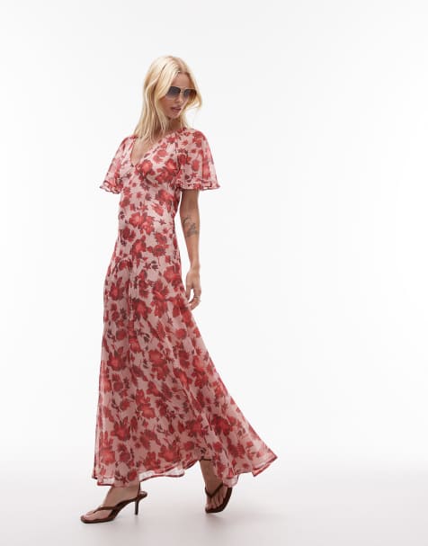 Topshop – Chiffon-Maxikleid mit Flatterärmeln und Blumenmuster - view 1