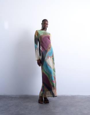 Topshop - Chiffon-Maxikleid mit U-Boot-Ausschnitt und abstraktem Muster-Bunt