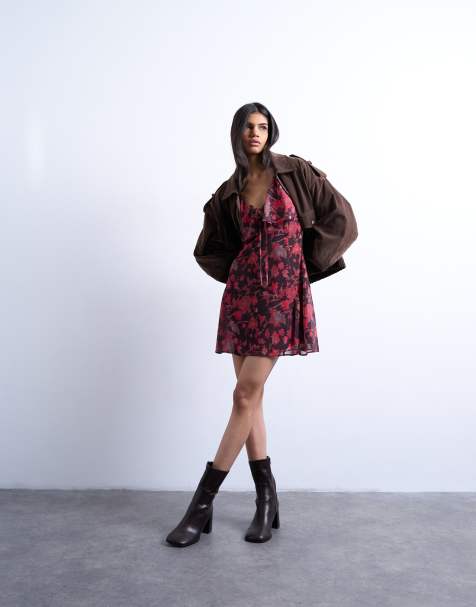 Topshop chiffon mini tea dress in rust floral print - view 1