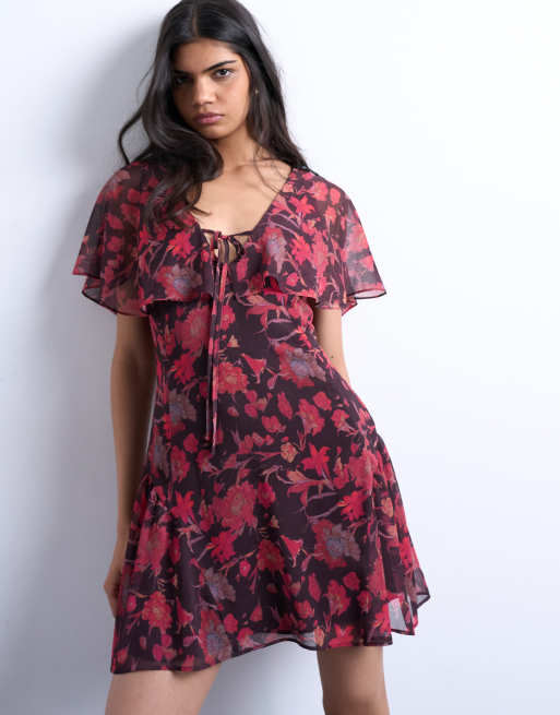 Topshop chiffon mini tea dress in rust floral print, 2 of 4