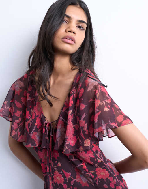 Topshop chiffon mini tea dress in rust floral print, 3 of 4