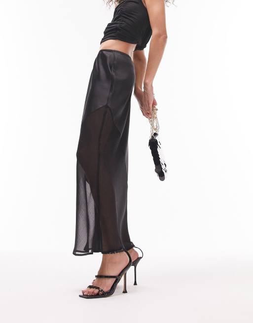 Topshop chiffon mix raw hem bias maxi skirt in black