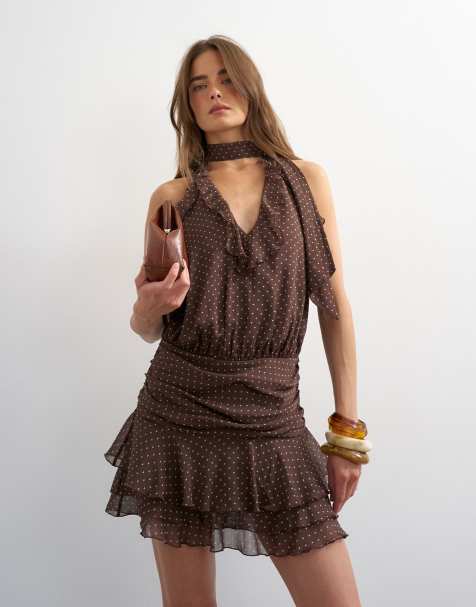 Topshop chiffon ruffle polka dot drop waist mini dress in brown - view 1