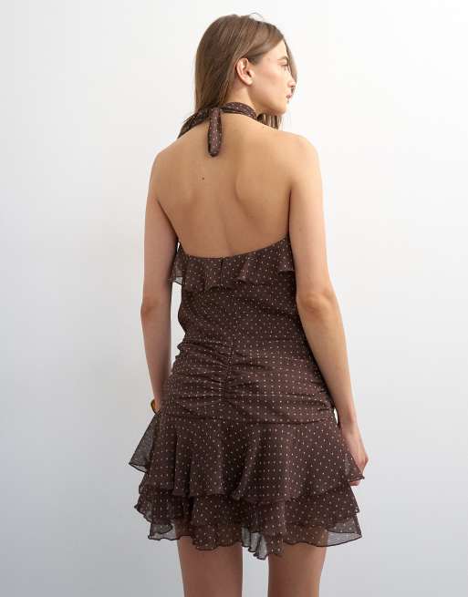 Topshop chiffon ruffle polka dot drop waist mini dress in brown, 3 of 4